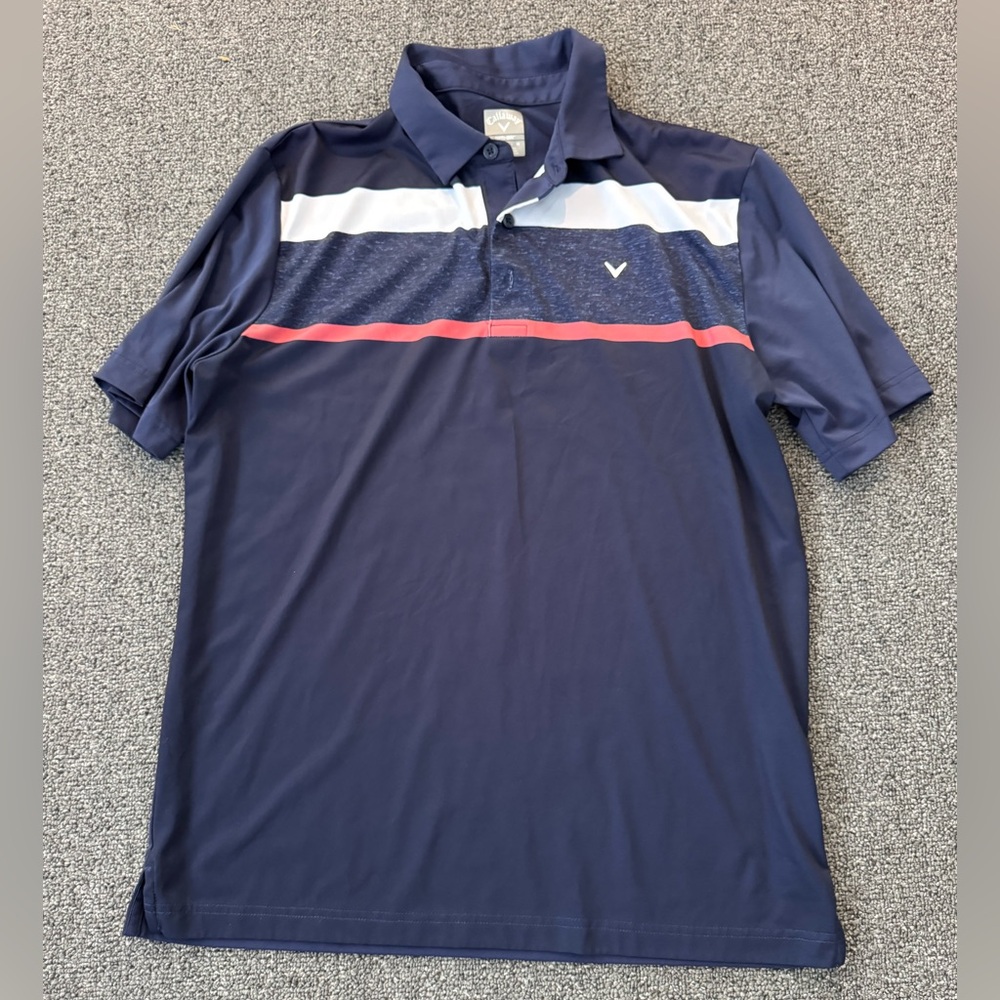 Callaway Polo Shirt M Navy Blue Striped Opti Dri Golf Performance Casual Men